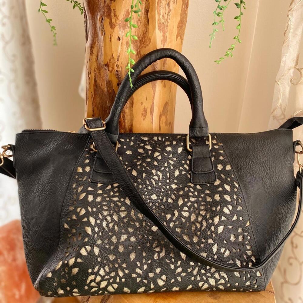 Black Women's Satchel Bag with Laser-Cut Pattern